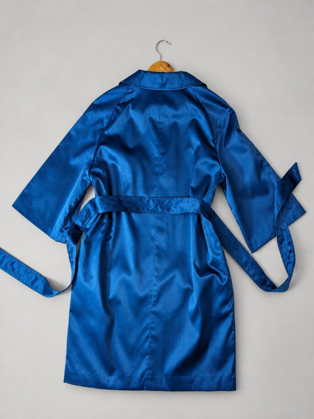 Royal Blue Satin Trench Coat Dress Belted 3/4 Sleeves Lined - Picture 3 of 8